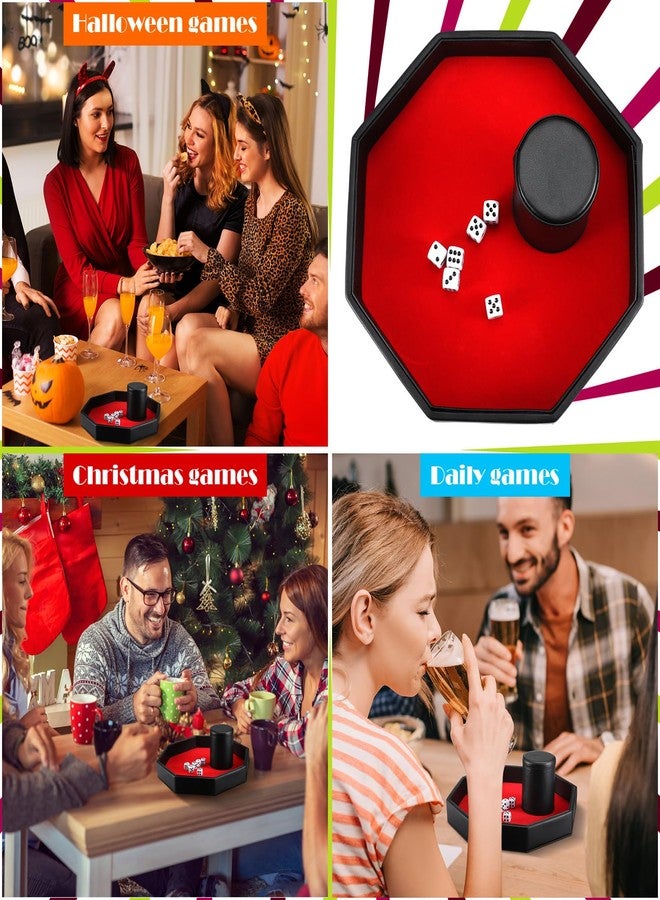 MiniInflat 8 Pcs Dice Tray Game Set Includes 1 Red Velvet PU Leather Octagon Dice Roll Tray, Felt Lined PU Leather Dice Cup with 6 Dot Dices for Bar Party Dice Games - Image 4